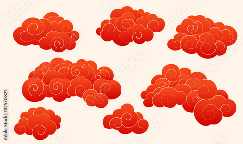A collection of red Chinese moire material on a light background