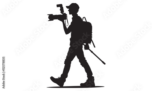 Silhouette of a photographer walking, carrying a DSLR camera, backpack, and monopod against a white background.  Side profile view, black and white effect.
