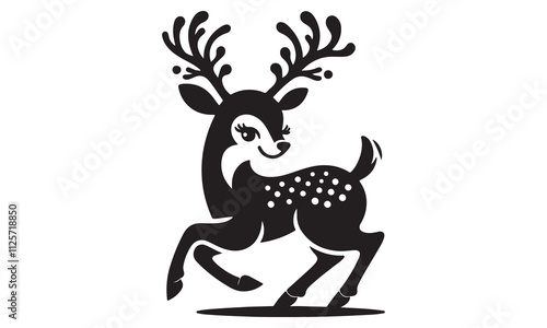 Black and white illustration of a leaping spotted deer with stylized antlers against a white background.  Camera: Front view, Effect: Silhouette, Background: White.
