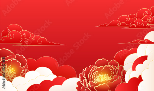 Chinese style red celebrating the New Year background moire and red peonies