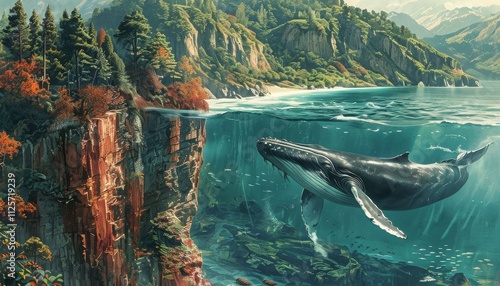 Humpback whale swimming beneath a vibrant coastal cliff, underwater scene and marine life, lush forest above, split view  
 photo