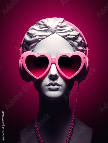 classical marble sculpture wears pink heart-shaped sunglasses and modern headphones, blending antiquity with contemporary pop culture. Perfect for stock uses in art, humor, and creative marketing.
