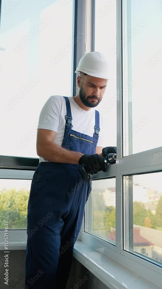 Worker Installing PVC Windows in a Modern Apartment Worker Installing PVC Windows in a Modern Apartment