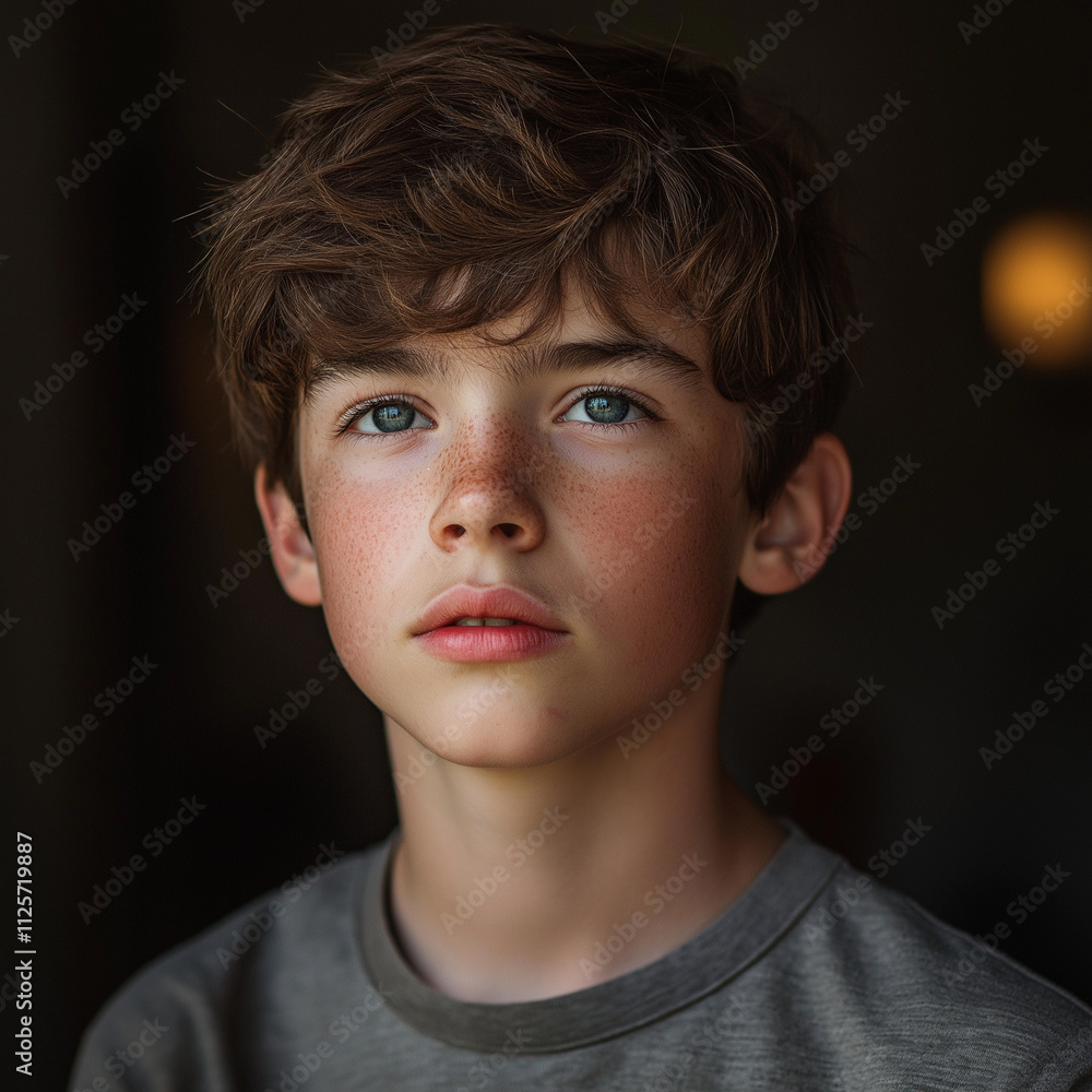 Vulnerable bullied teenager with freckles and expressive eyes, staring thoughtfully at the camera Vulnerable bullied teenager with freckles and expressive eyes, staring thoughtfully at the camera