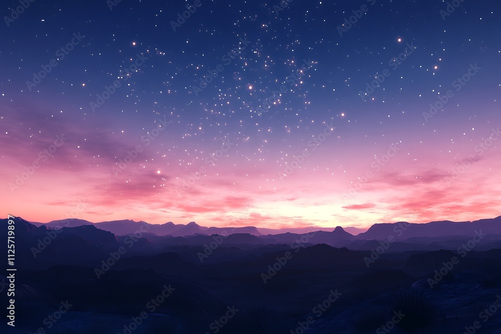 A serene landscape at dusk, featuring a starry sky and distant mountains. A serene landscape at dusk, featuring a starry sky and distant mountains.