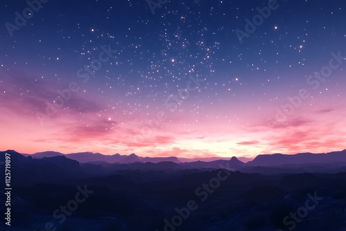 A serene landscape at dusk, featuring a starry sky and distant mountains.