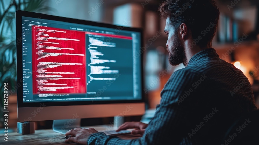 Focused Programmer Working Late at Night on Computer Code Focused Programmer Working Late at Night on Computer Code