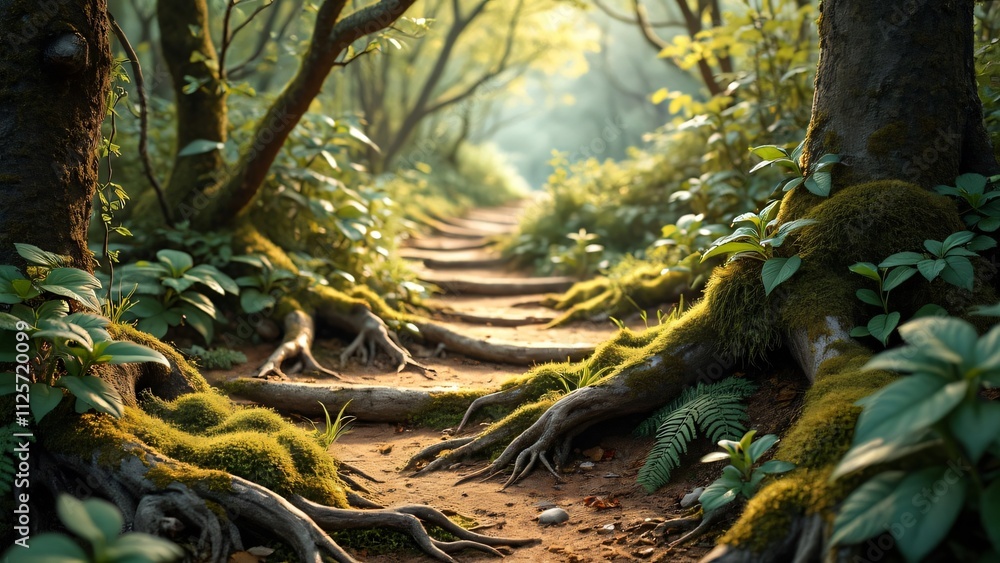 Serene Forest Path, Mossy Roots & Sunlit Trees Serene Forest Path, Mossy Roots & Sunlit Trees