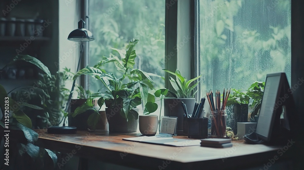 Fototapeta premium Cozy Home Office Setup with Plants and Natural Light in Simple Style
