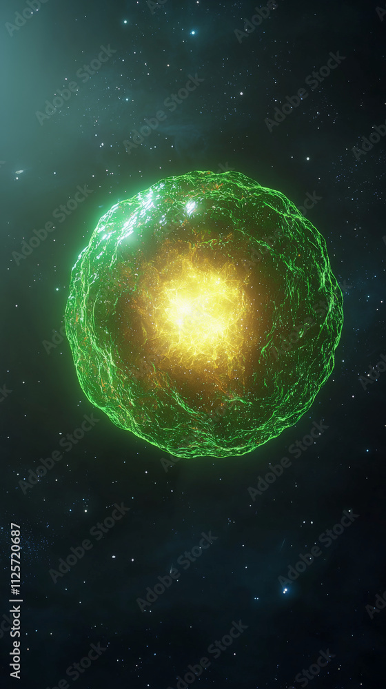 Obraz premium glowing green and yellow cosmic sphere floats in starry night sky