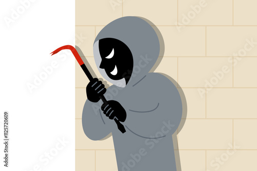 バールを持って物陰に隠れる犯罪者のベクターイラスト