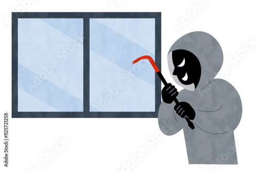バールを持って窓に近づく犯罪者のベクターイラスト