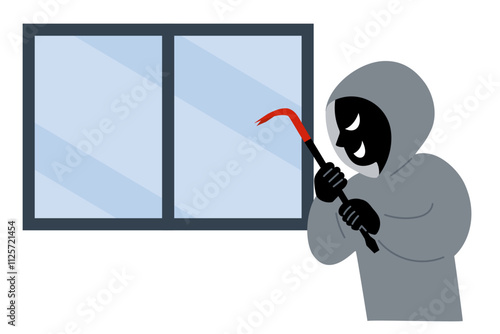 バールを持って窓に近づく犯罪者のベクターイラスト