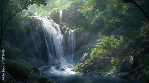Sunlit waterfall cascading down mossy rocks into a serene pool, surrounded by lush green foliage.