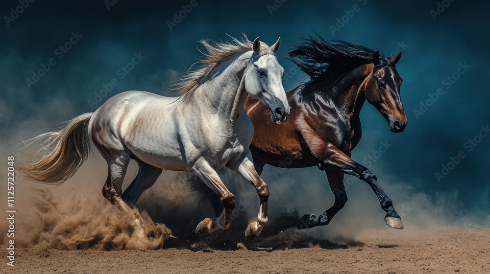 Two Majestic Horses Galloping Through Dust Two Majestic Horses Galloping Through Dust