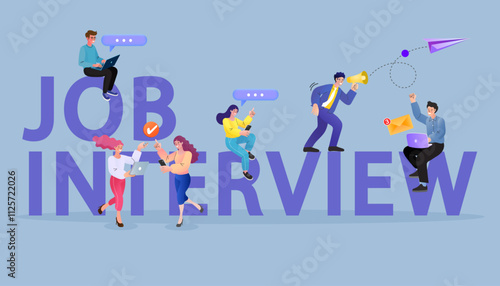 Characters surround the words "Job Interview," illustrating the complete hiring process. Includes a recruiter with a megaphone, online applicants, and successful candidates celebrating.