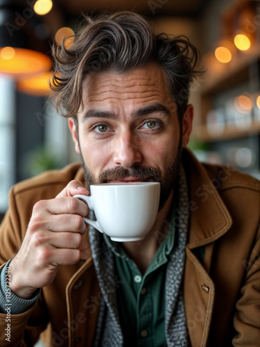 A Photo of a Man Enjoying his Leisure time with Coffee 