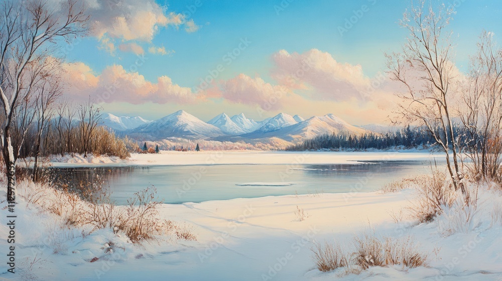 Fototapeta premium Serene Winter Landscape With Snowy Mountains And Frozen Lake