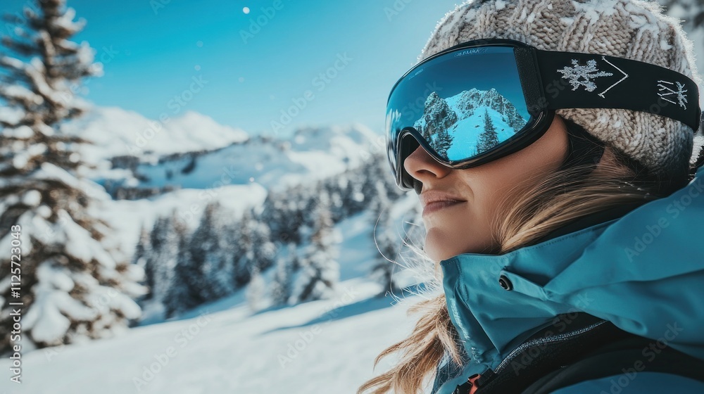 A woman enjoys a snowy mountain landscape while skiing, showcasing winter leisure activities. A woman enjoys a snowy mountain landscape while skiing, showcasing winter leisure activities.