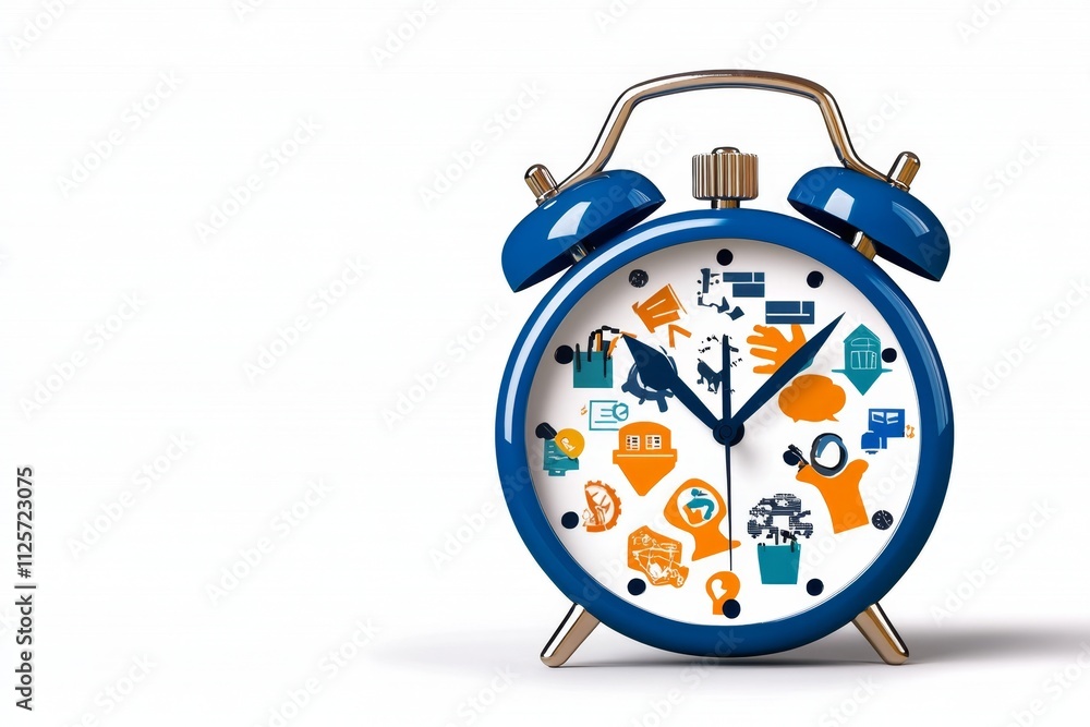 A clean 2D illustration of a stopwatch with vibrant icons representing tasks being completed efficiently, set on a white background A clean 2D illustration of a stopwatch with vibrant icons representing tasks being completed efficiently, set on a white background