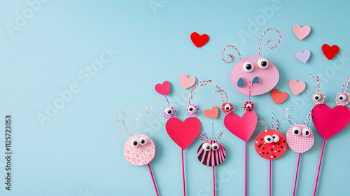 A whimsical love bug bookmarks craft, made from cardstock with googly eyes, pipe cleaner antennas, and heart-shaped bodies in pink and red.