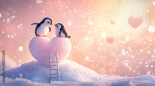 A pair of playful cartoon penguins build a heart-shaped sculpture, surrounded by sparkling snow, with a warm pastel sky and little heart-shaped clouds in the background.