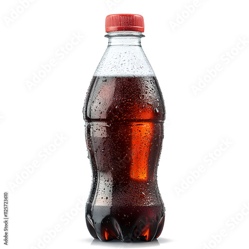 Plastic cola bottle with ice crystals and water droplets isolated