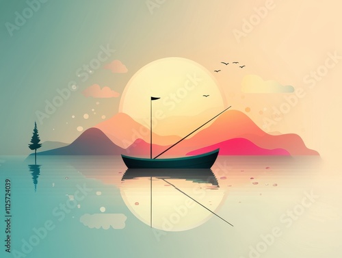 Fishing adventure silhouette pastel water background cute boat scene tranquil nature serene viewpoint relaxing concept photo