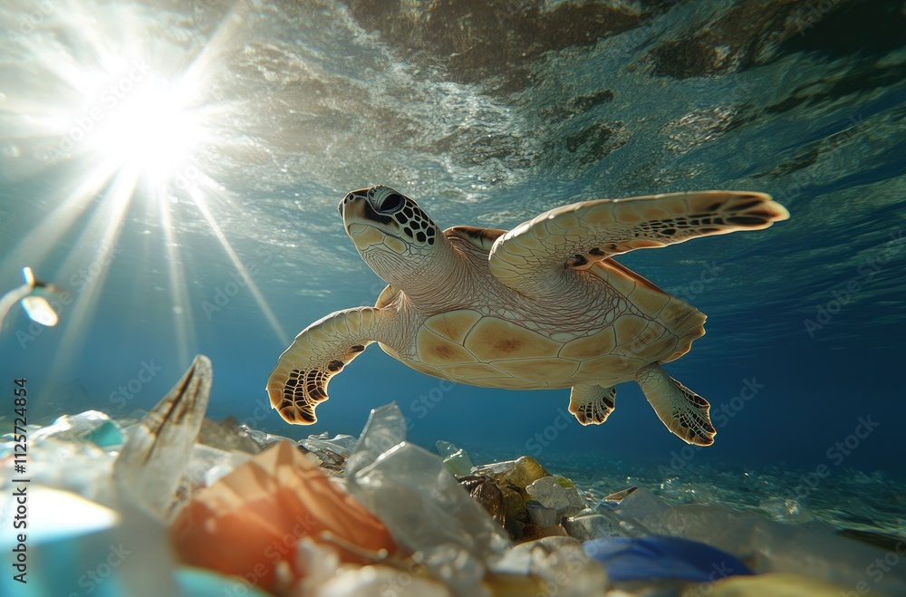 Obraz premium Ocean reality, depictions of sea floor littered with discarded garbage and plastic, urgent need for environmental preservation and raising awareness about pollution's impact on marine ecosystems.