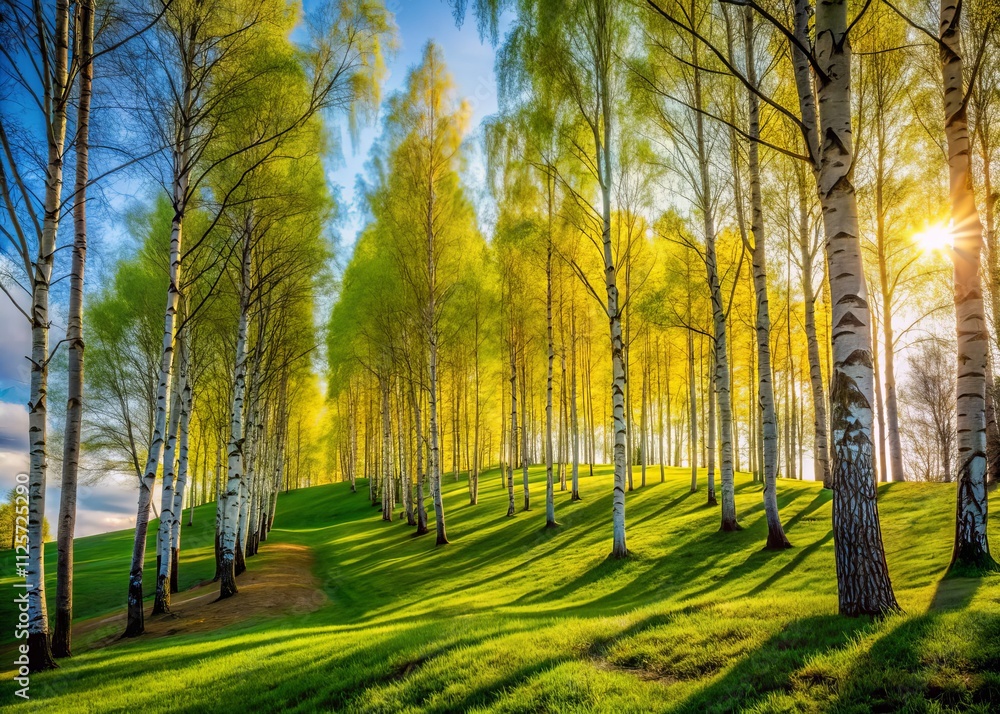 Spring Forest Landscape, Birch Trees, Fir Trees, Poplar Trees, Hill, Grass, Constructor Kit Elements, Architectural Photography