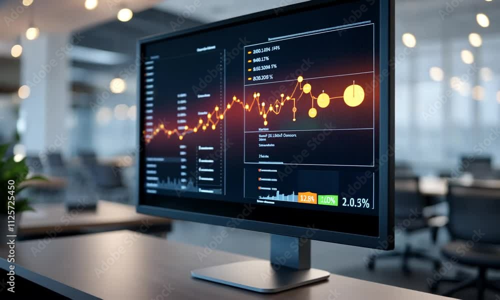 Stock market data displayed on a computer monitor in an office. Stock market data displayed on a computer monitor in an office.