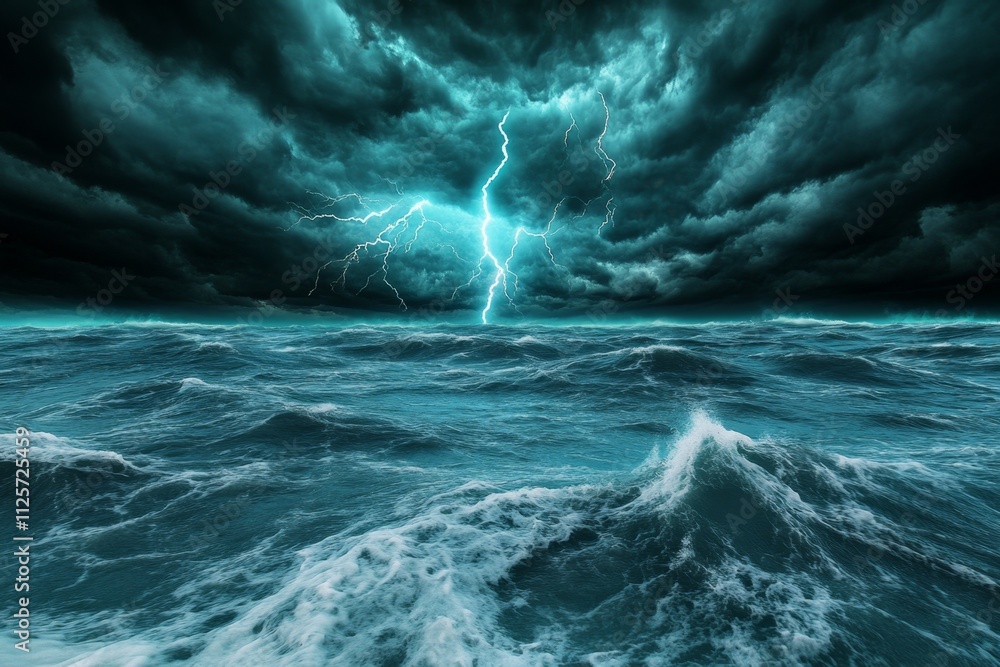 Fototapeta premium A dramatic storm scene with dynamic lightning bolts cutting through a dark sky over a turbulent ocean