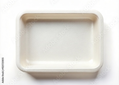 Top View of an Empty Foam Food Tray Isolated on a White Background, Perfect for Documenting Disposable Food Containers in a Minimalistic and Clean Style