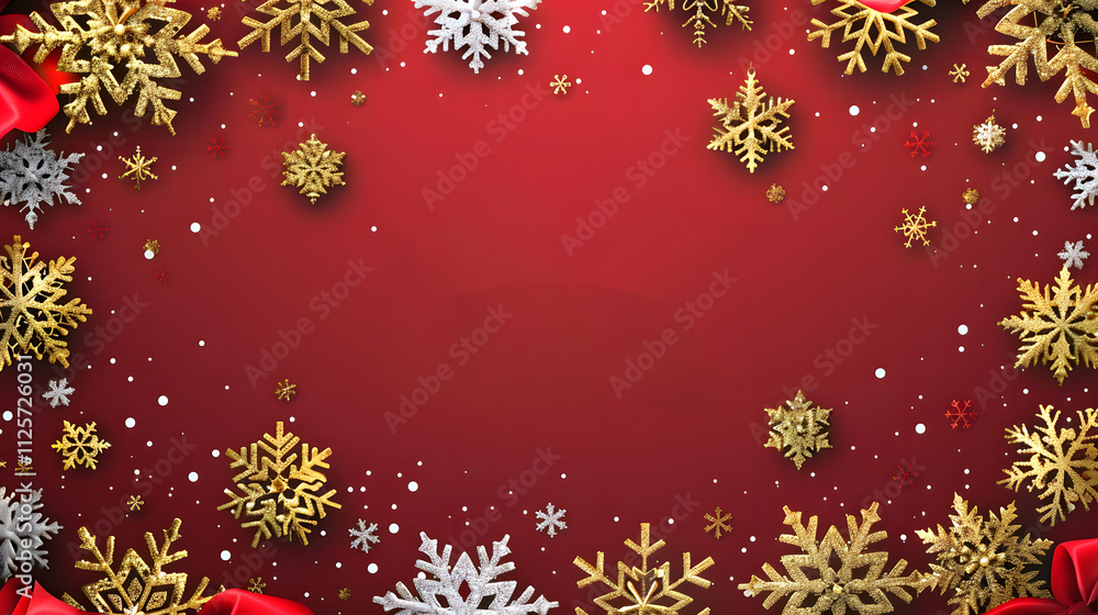 Golden and white snowflakes with red ribbons on a red background. Festive and elegant holiday design. Christmas and winter concept Golden and white snowflakes with red ribbons on a red background. Festive and elegant holiday design. Christmas and winter concept