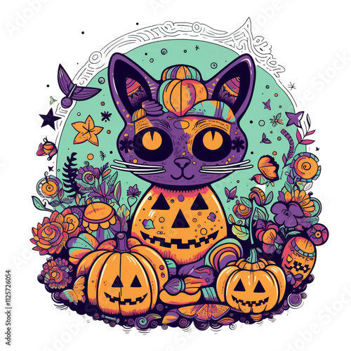 90s inspired hand drawn vector cartoon colorful skeleton cat jack-o'-lanterns bats mystical Halloween decor fun spooky artwork tshirt design clipart pumpkin skull witchy creepy graphic moon kitten photo