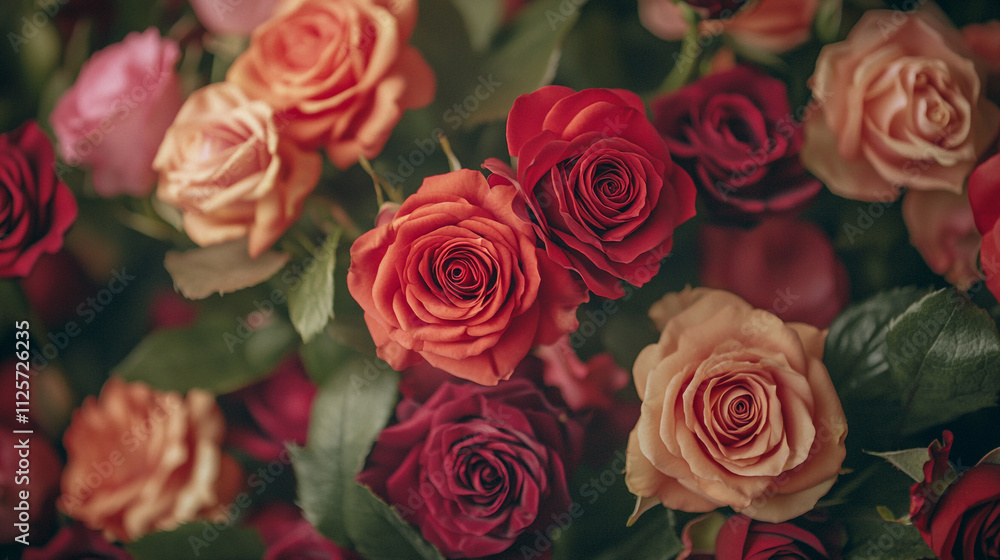 Roses in various colors create a romantic atmosphere for Valentine's Day celebration Roses in various colors create a romantic atmosphere for Valentine's Day celebration