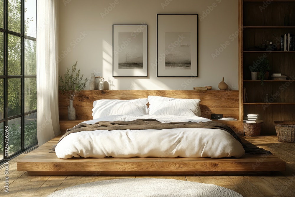 Sunlit minimalist bedroom with platform bed, wooden headboard, and large window. Sunlit minimalist bedroom with platform bed, wooden headboard, and large window.