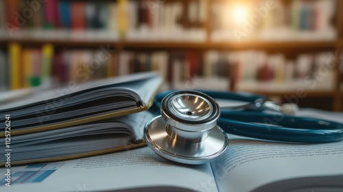 A stethoscope rests on open books in a library, symbolizing medical education and study.