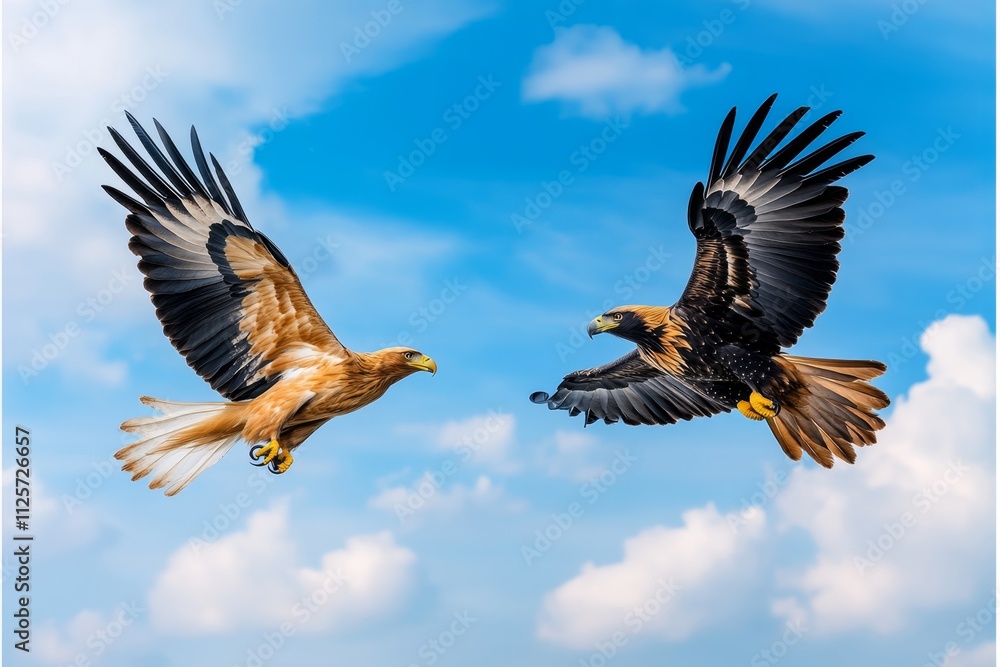 Obraz premium A dynamic photo of an eagle engaged in a territorial dispute with another bird, their wings and talons clashing mid-air