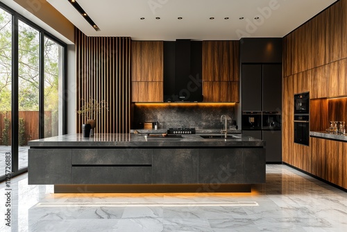 Modern kitchen with dark wood cabinets, large island, and marble floor. photo