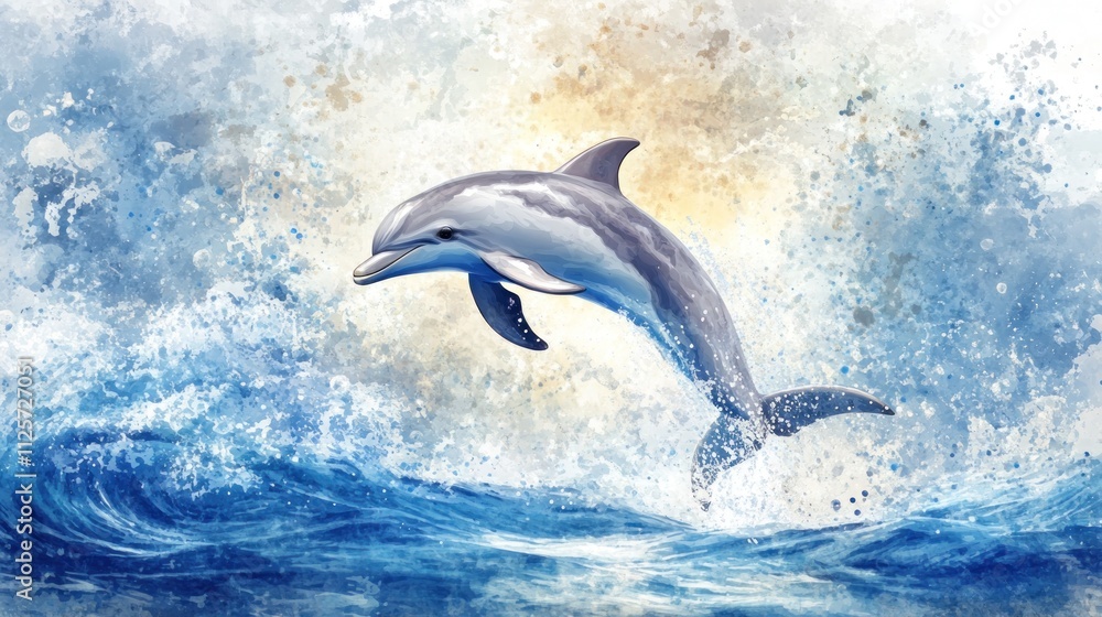 Obraz premium Dolphin Leaping Through Ocean Waves Artistic Watercolor Painting