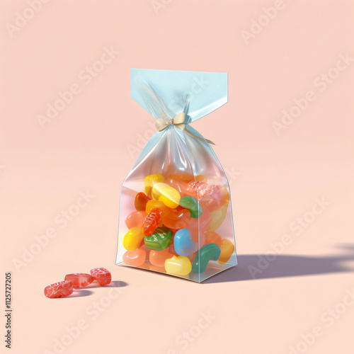 Illustration very mini clear candy gift bag filled colorful wrapped sweets gummies toffees chocolates vibrant packaging cheerful design assortment lollipops caramels clipart retro vintage branding