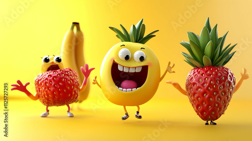 Fruit Friends:  A banana, pineapple, and two strawberries, all with adorable cartoon faces, are having a blast in a vibrant, yellow setting.