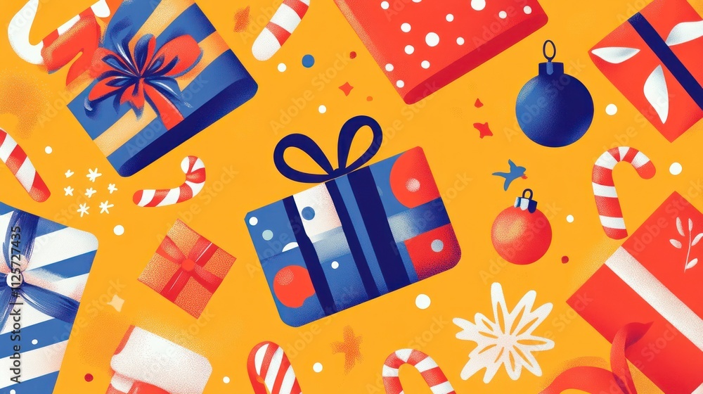 Festive Christmas Gifts and Candy Canes on Yellow Background Festive Christmas Gifts and Candy Canes on Yellow Background