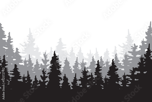 Forest silhouette vector. Dark tree shapes. Layered natural scene. Woodland landscape.