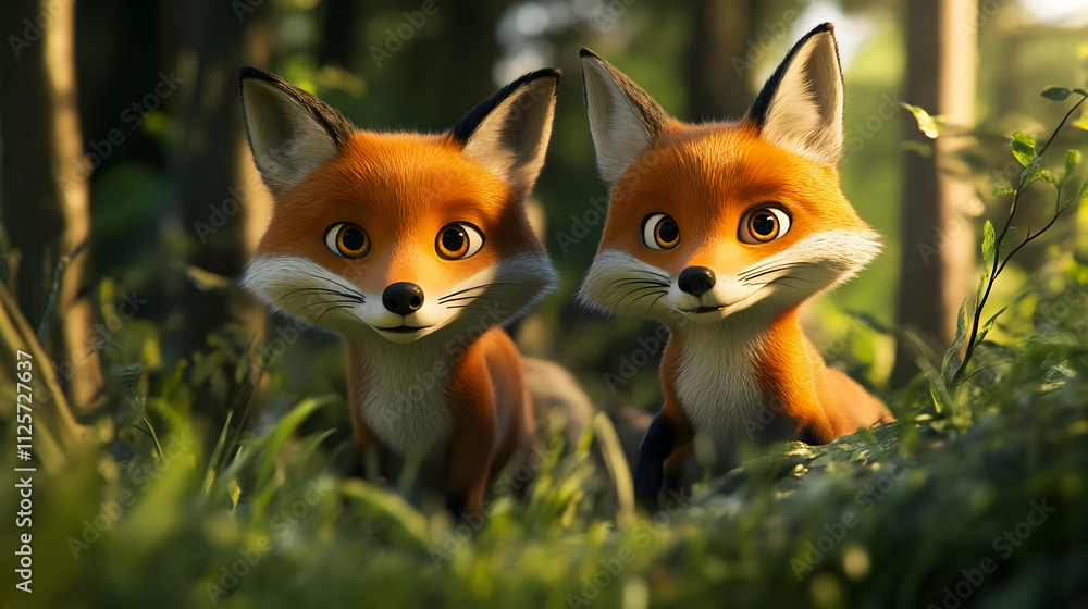 Fototapeta premium Forest Friends: Two Adorable Cartoon Foxes