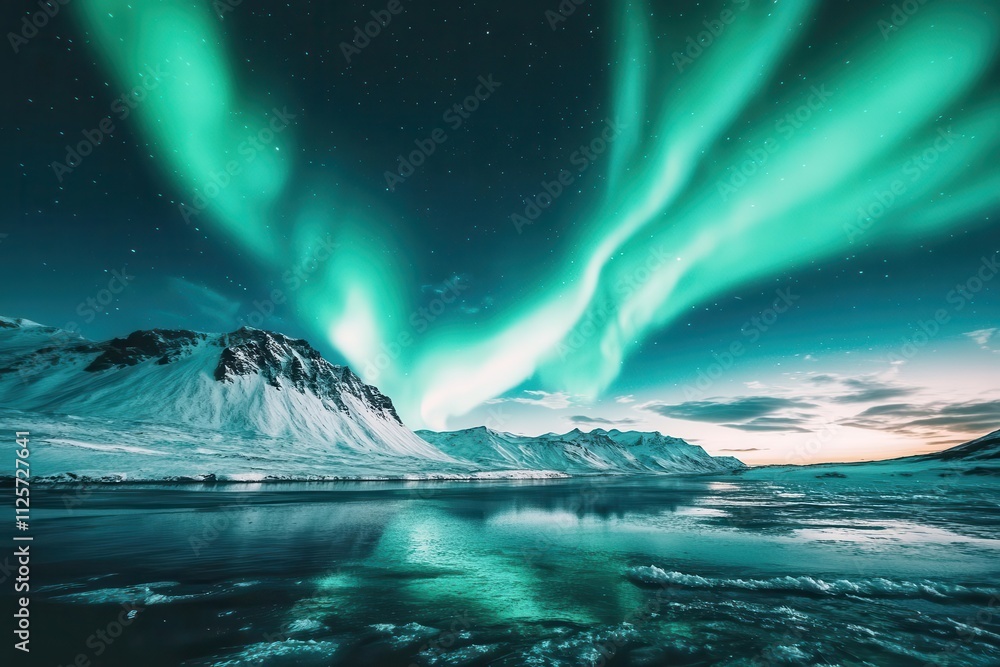 Fototapeta premium A stunning display of the Northern Lights over snow-covered mountains and a reflective lake.