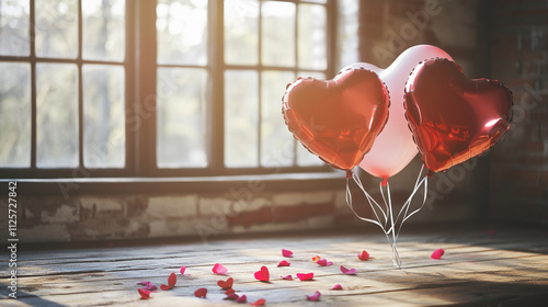 Heart-shaped balloons and rose petals create a romantic ambiance for Valentine's Day celebration