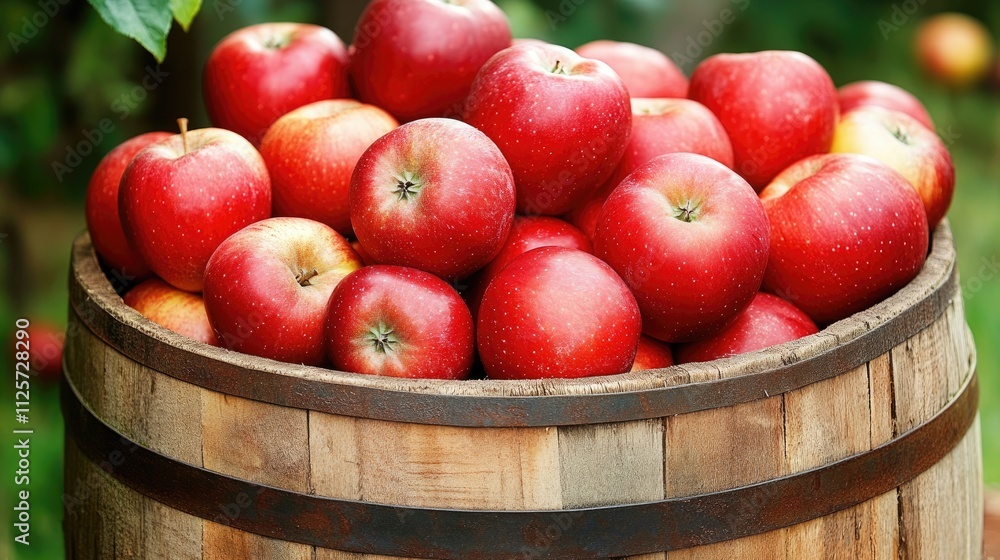 Freshly harvested red apples in a rustic wooden barrel surrounded by a vibrant apple orchard in a sunny atmosphere. Freshly harvested red apples in a rustic wooden barrel surrounded by a vibrant apple orchard in a sunny atmosphere.