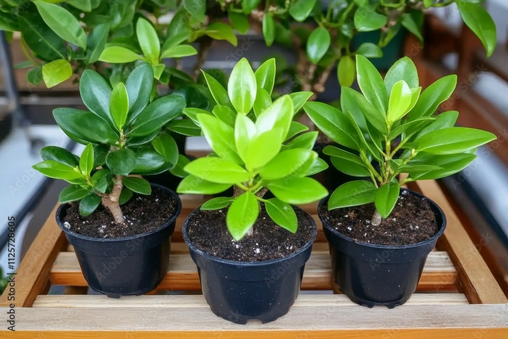 A greenhouse table filled with various dwarf plants, from tiny potted trees to delicate flowering species A greenhouse table filled with various dwarf plants, from tiny potted trees to delicate flowering species